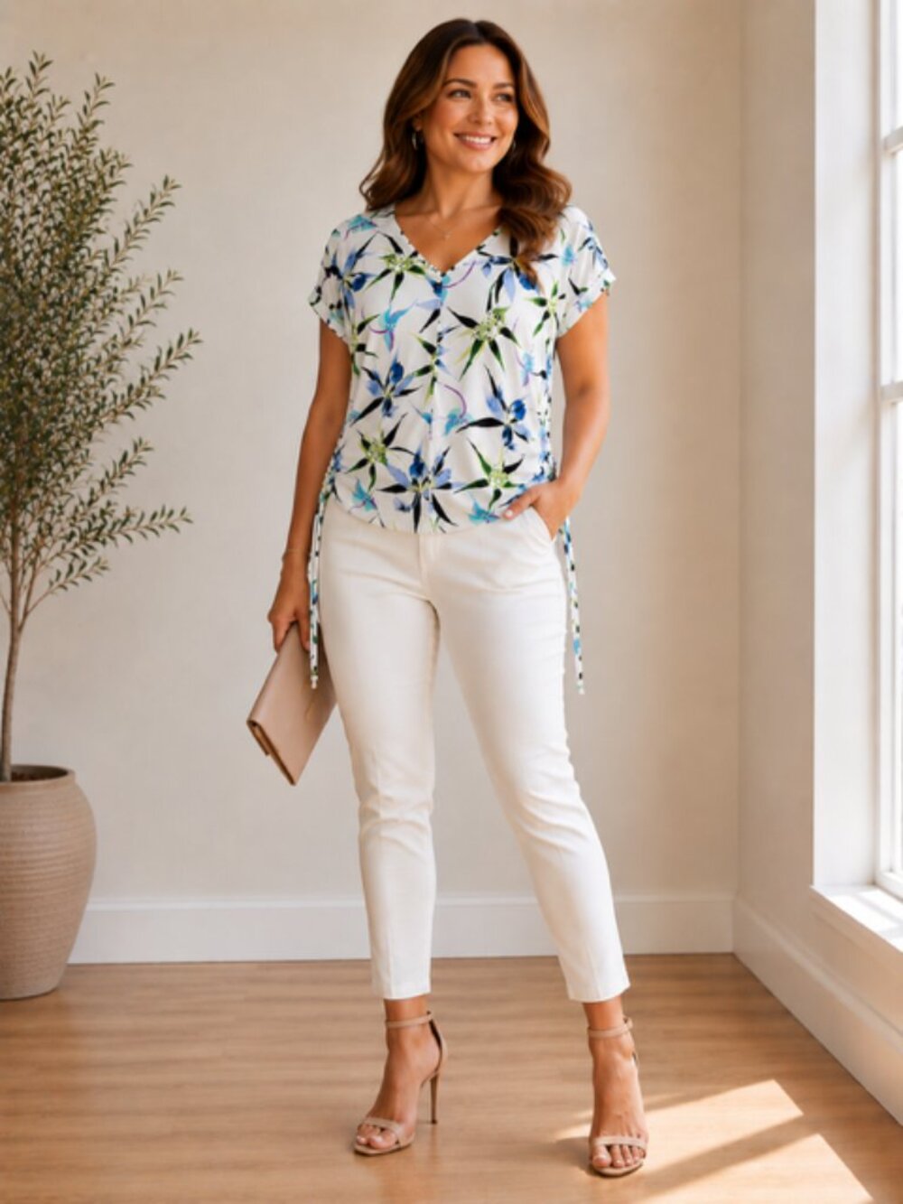 NWOT INC International Concepts Women Floral 100% Cotton Top White Blue Green 1X